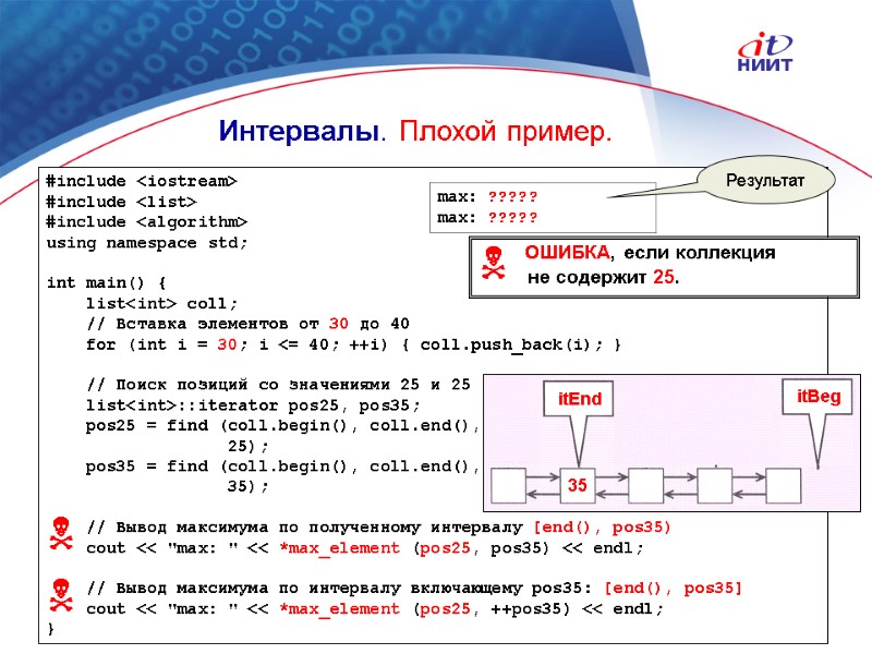 Nortel Networks Confidential Интервалы. Плохой пример. #include <iostream> #include <list> #include <algorithm> using namespace